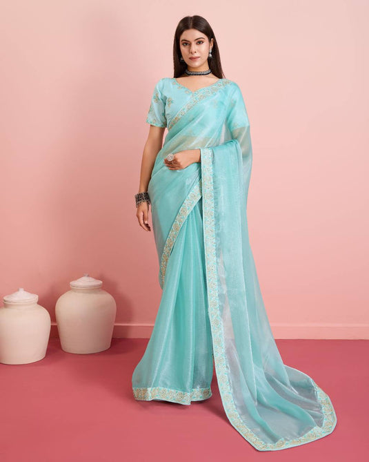 Sky Blue Burberry Silk Embroidered Cutwork Border Saree