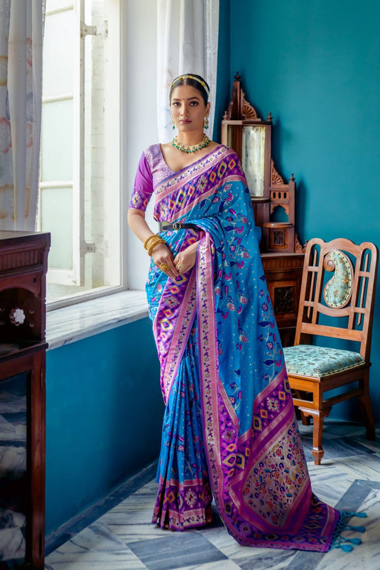 Sky Blue Banarasi Soft Silk Paithani Patola Zari Weaving Saree