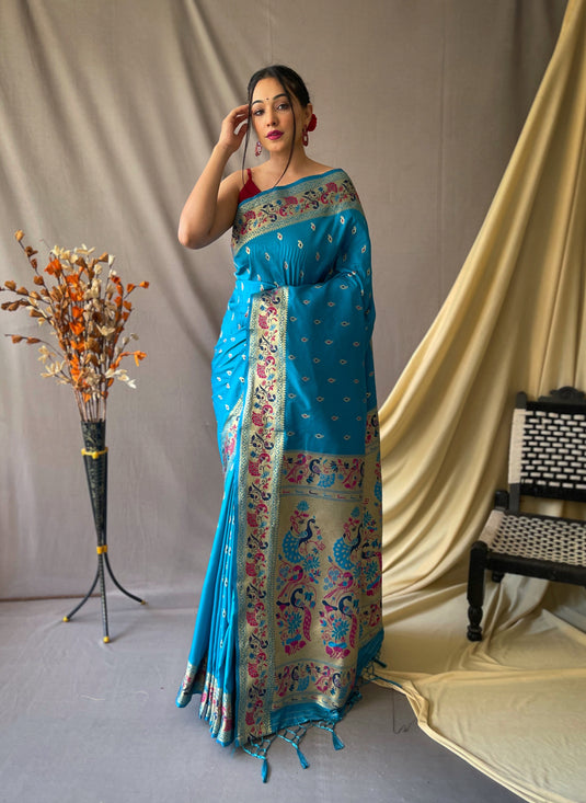 Sky Blue Paithani Soft Silk Peacock Motif Saree