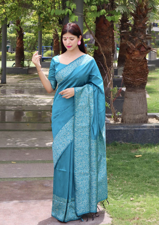 Sky Blue Elegant Handloom Raw Silk Rich Weaving Pallu Saree