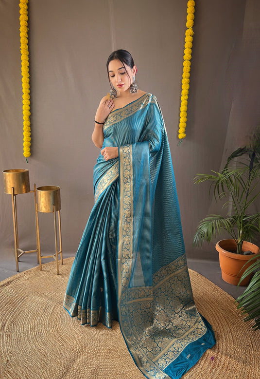 Teal Blue Classic Soft Silk Copper Weaving Saree