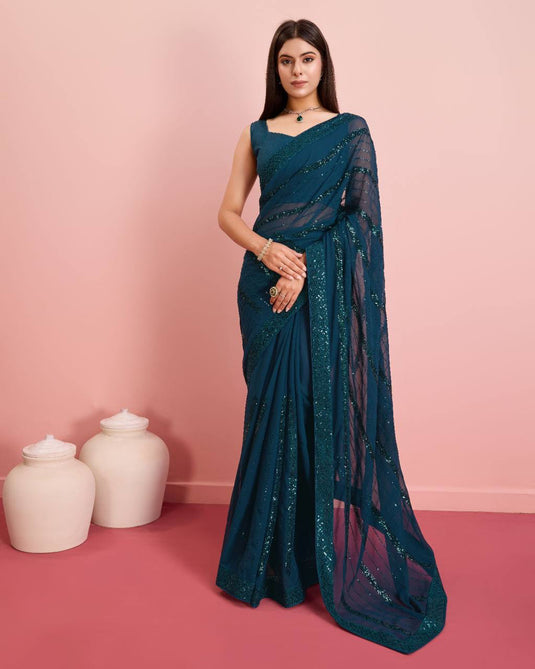 Teal Blue Premium Soft Georgette Sequence Embroidered Work Saree