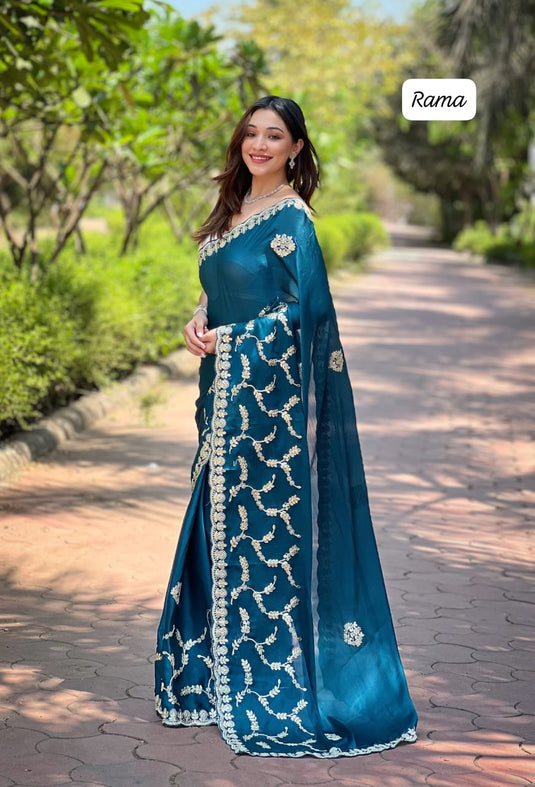 Teal Blue Soft Satin Chiffon Foil Thread Embroidered Work Saree