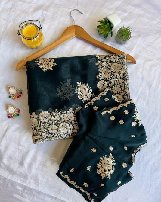 Teal Blue Burberry Silk Zari Embroidered Work Saree