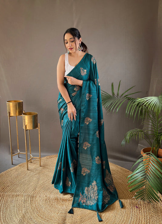 Teal Blue Silk Zari Based Embroidered Saree