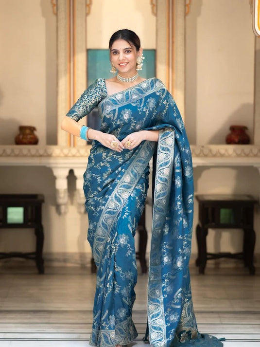 Teal Blue Banarasi Silk Traditional Saree