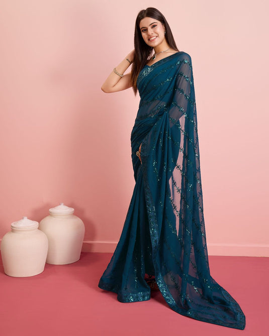 Teal Blue Latest Soft Georgette Sequence Embroidered Work Saree