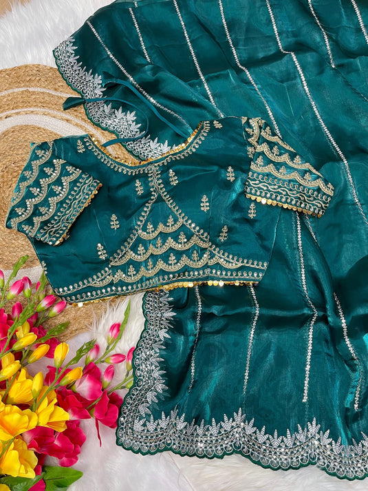 Teal Green Metallic Organza Sequence Embroidered Work Saree