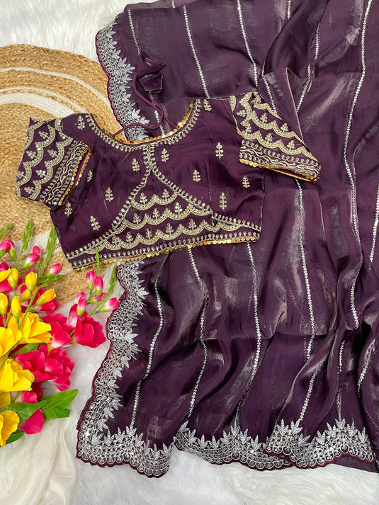 Violet Metallic Organza Sequence Embroidered Work Saree