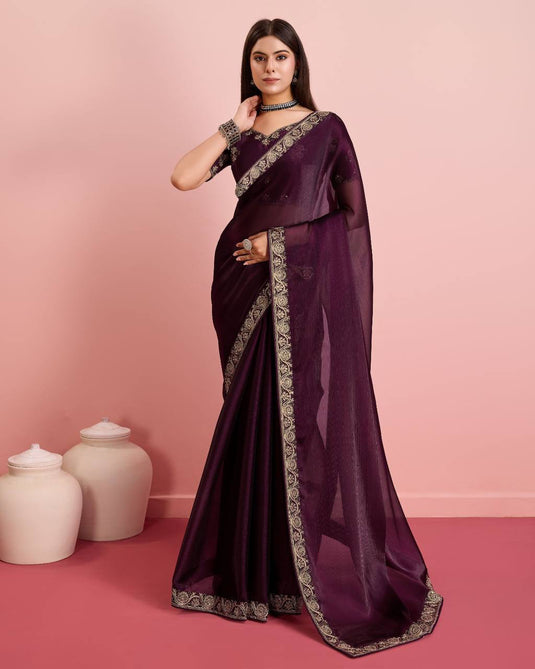 Violet Burberry Silk Embroidered Cutwork Border Saree