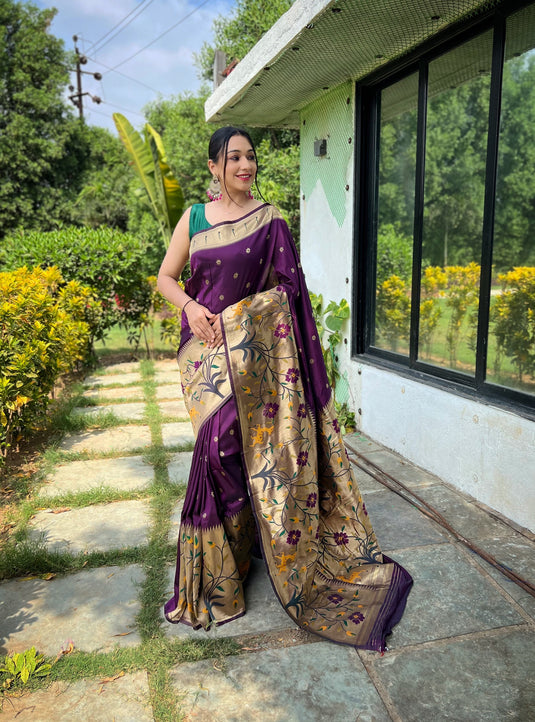 Violet Classic Pure Paithani Traditional Border Zari Weaving Saree