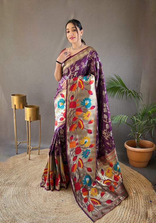 Violet Soft Paithani Silk Rich Weaving Traditional Saree