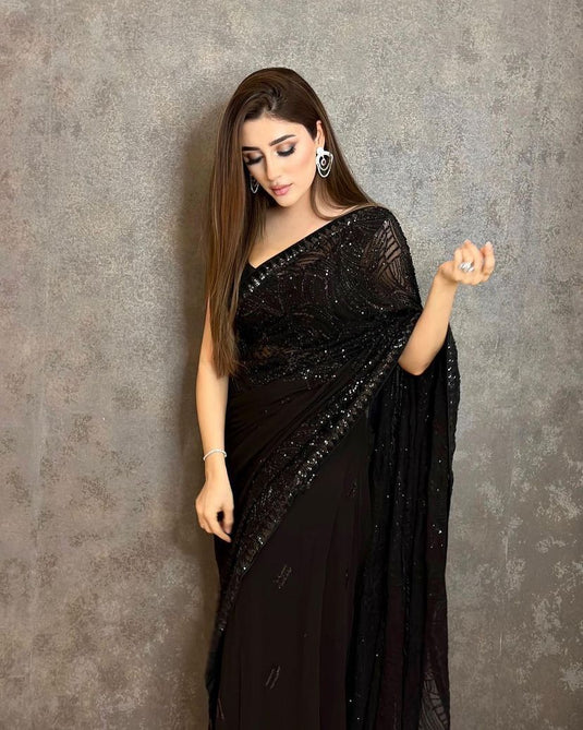 Black Classic Party Wear  Faux Georgette Sequins Embroidered Work Saree