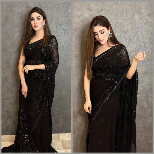 Black Classic Party Wear  Faux Georgette Sequins Embroidered Work Saree