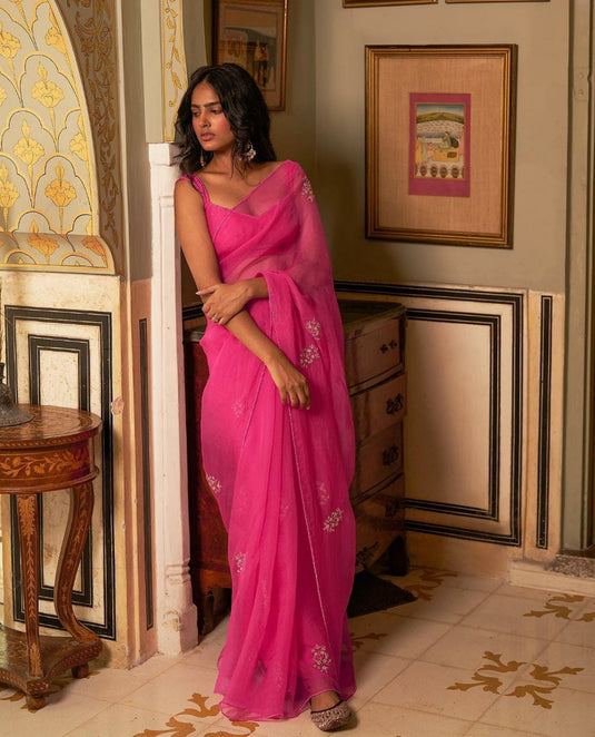 Dark Pink Premium Organza Silk Khatli Work Saree