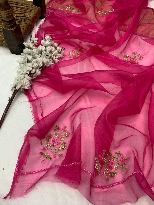 Dark Pink Premium Organza Silk Khatli Work Saree