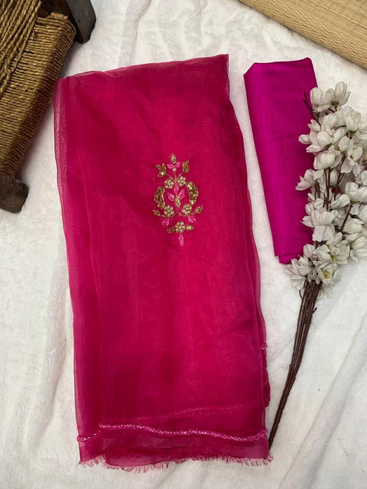 Dark Pink Premium Organza Silk Khatli Work Saree