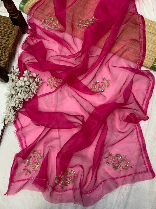 Dark Pink Premium Organza Silk Khatli Work Saree