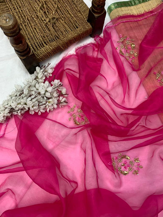 Dark Pink Premium Organza Silk Khatli Work Saree