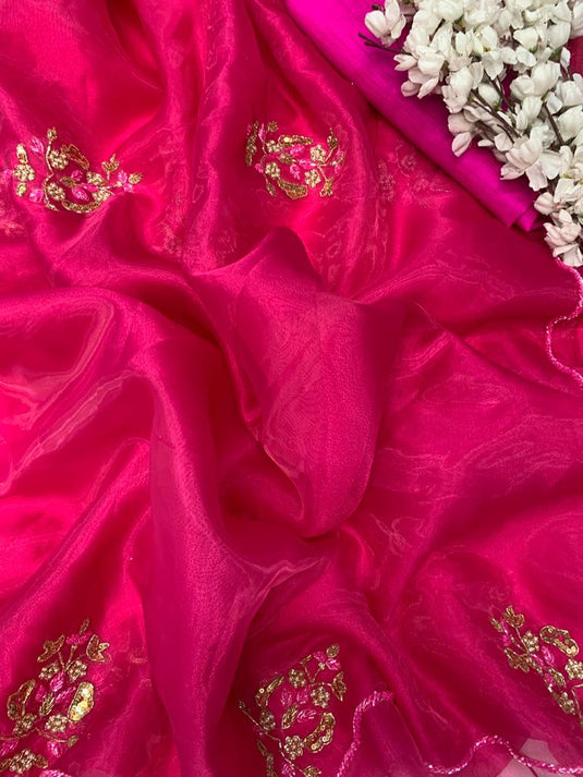 Dark Pink Premium Organza Silk Khatli Work Saree