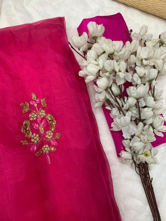 Dark Pink Premium Organza Silk Khatli Work Saree