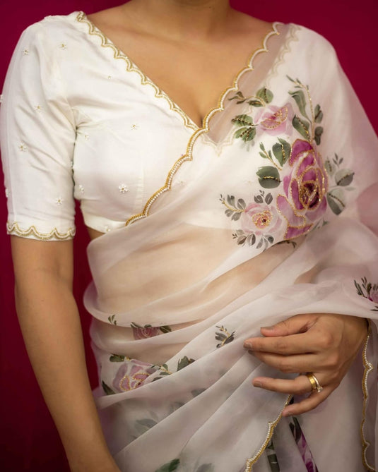 White Elegant Soft Organza Silk Floral Print Khatli Work Saree