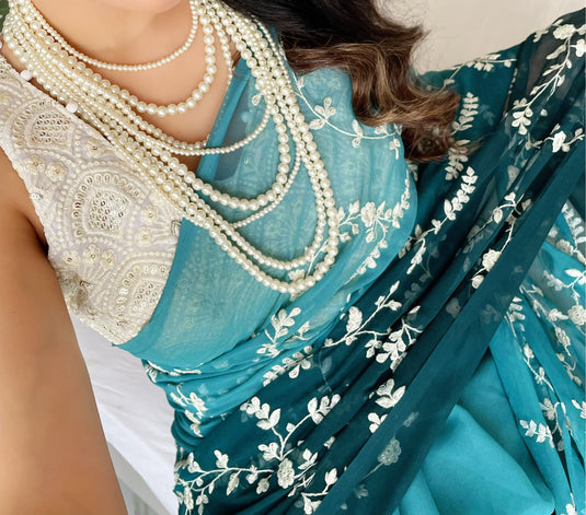 Teal Blue Georgette Silk Sequence Embroidered Work Saree