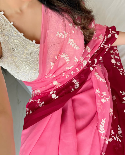 Pink Soft Georgette Silk Sequence Embroidered Work Saree