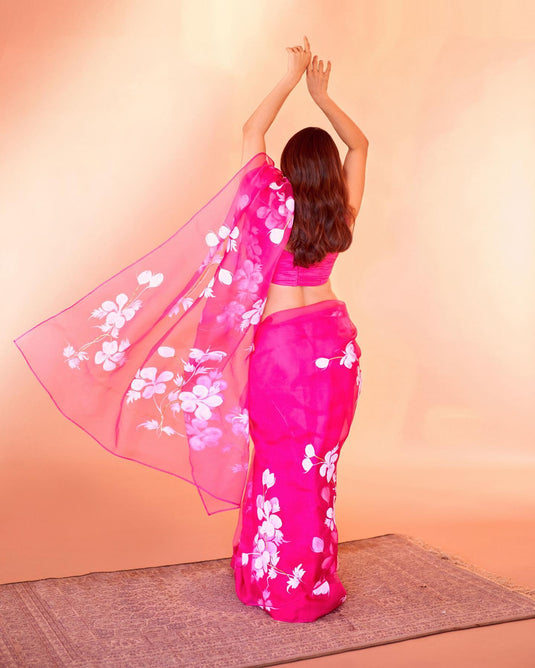 Pink Elegant Pure Organza Silk Handbrush Floral Print Saree