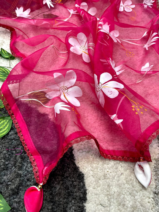 Pink Elegant Pure Organza Silk Handbrush Floral Print Saree