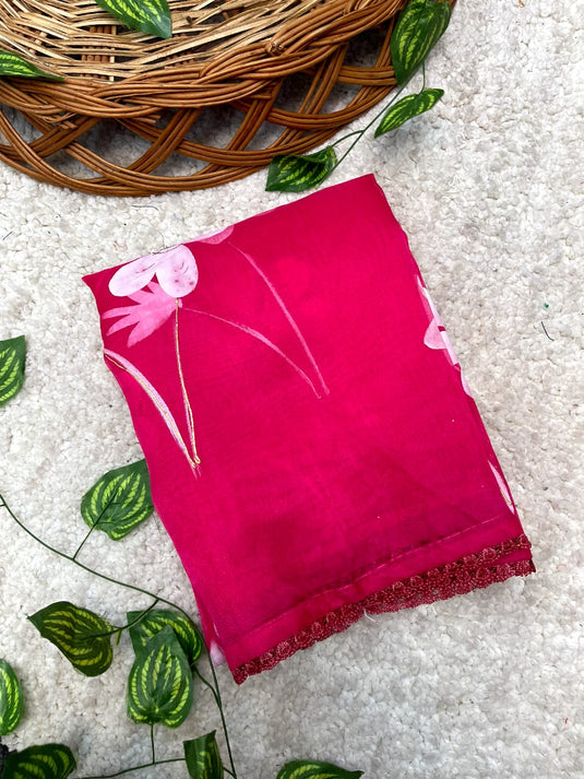 Pink Elegant Pure Organza Silk Handbrush Floral Print Saree