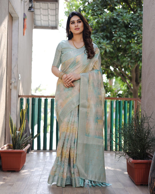 Light Blue Soft Silk Prism Pattern Digital Print Saree