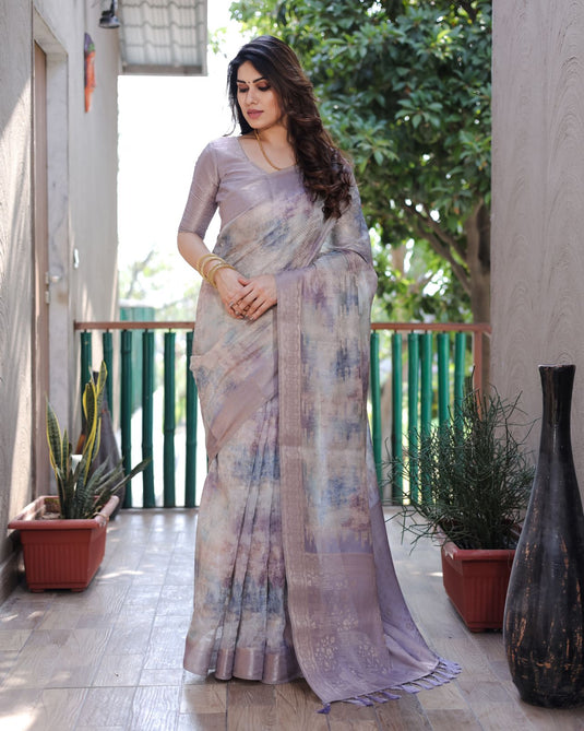 Lavender Soft Silk Prism Pattern Digital Print Saree