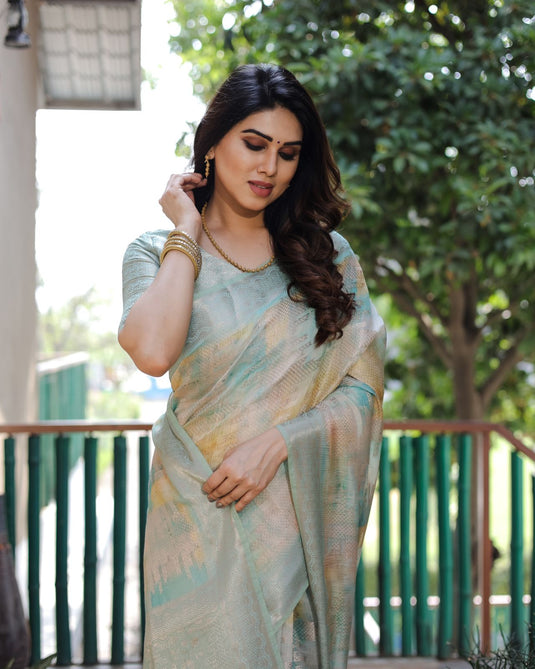 Light Blue Soft Silk Prism Pattern Digital Print Saree