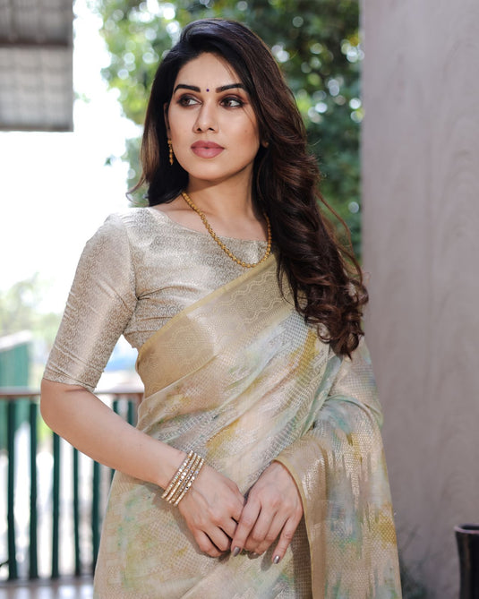 Beige Soft Silk Prism Pattern Digital Print Saree