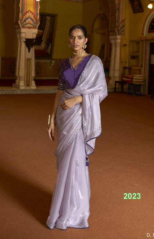 Lavender Soft Tissue Silk Swarovski Work Saree With Contrast Swarovski Work Blouse.