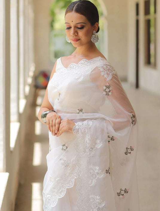 White Graceful Organza Silk Thread Embroidered Saree