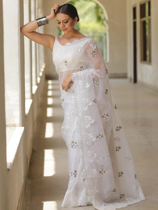 White Graceful Organza Silk Thread Embroidered Saree