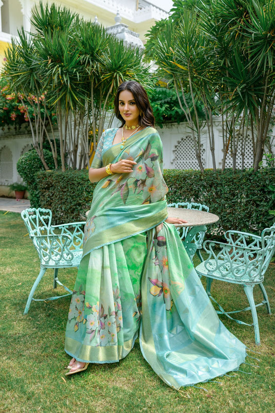 Green Soft Linen Cotton Digital Printed Summer Saree