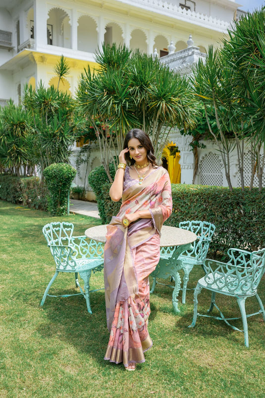 Peach Soft Linen Cotton Digital Printed Summer Saree