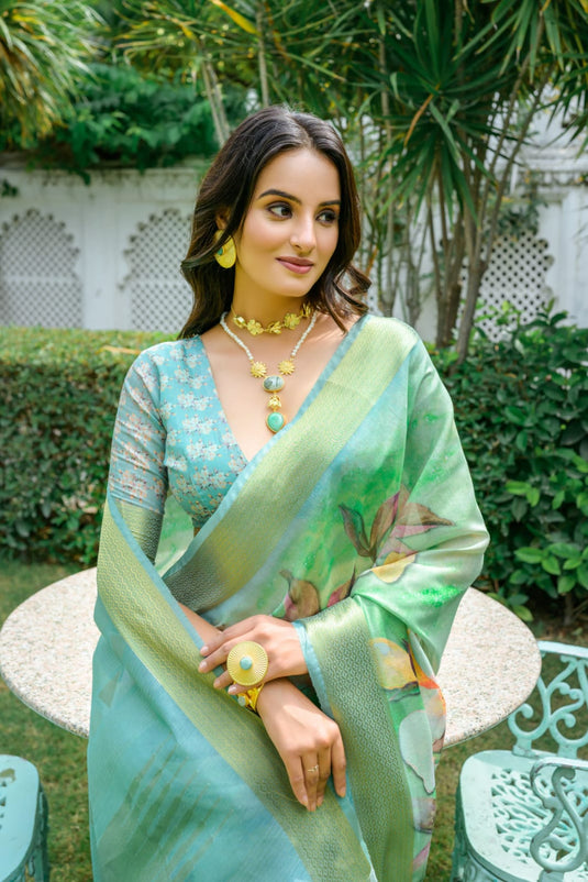 Green Soft Linen Cotton Digital Printed Summer Saree