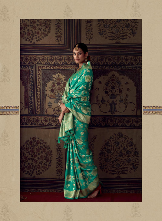 Sea Green Pure Dola Silk Meenakari Weaving Traditional Saree