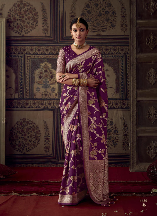 Purple Pure Dola Silk Meenakari Weaving Traditional Saree