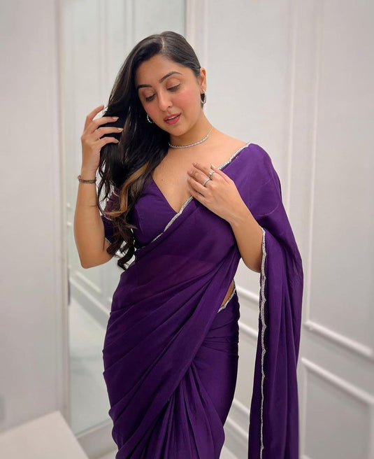 Purple Pure Crepe Silk Handwork Border Saree