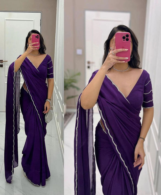 Purple Pure Crepe Silk Handwork Border Saree