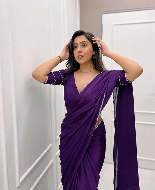 Purple Pure Crepe Silk Handwork Border Saree