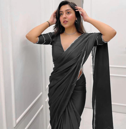 Black Pure Crepe Silk Handwork Border Saree