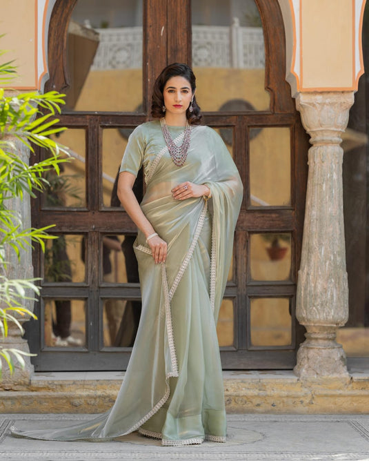 Mint Green Premium Burberry Silk With Heavy Lace Border Saree