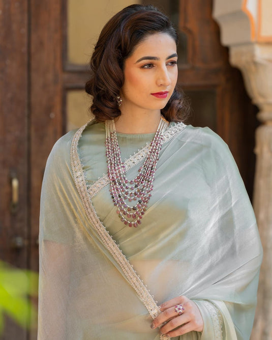 Mint Green Premium Burberry Silk With Heavy Lace Border Saree