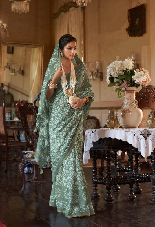 Sea Green Soft Mul Cotton Traditional Batik Print Zari Border Saree